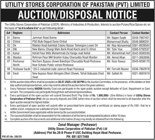Utility Stores Corporation of Pakistan Private Limited Peshawar Tender Notice